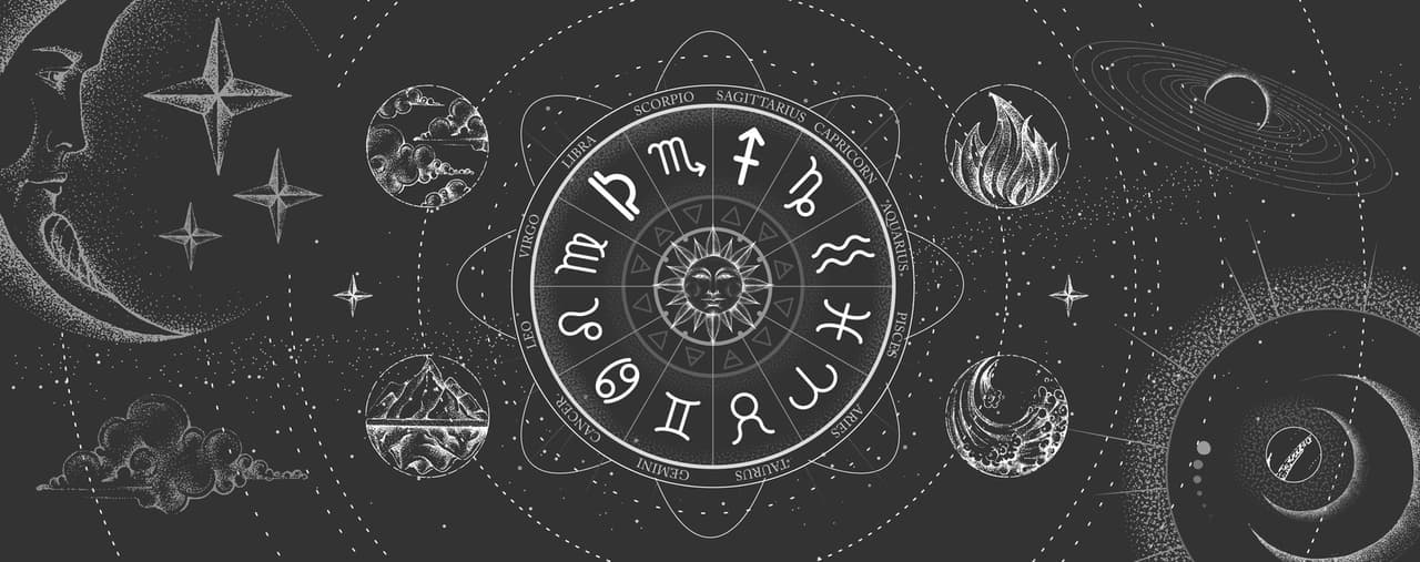 Astrology wheel with zodiac signs on outer space background. Four elements. Star map. Horoscope vector illustration
