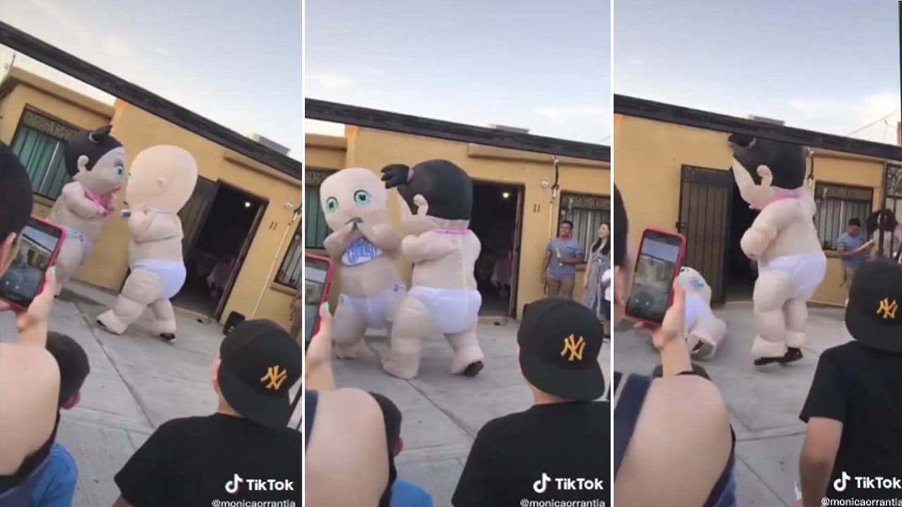 Baby shower casual, revelan sexo de bebé con dos botargas 'peleándose'