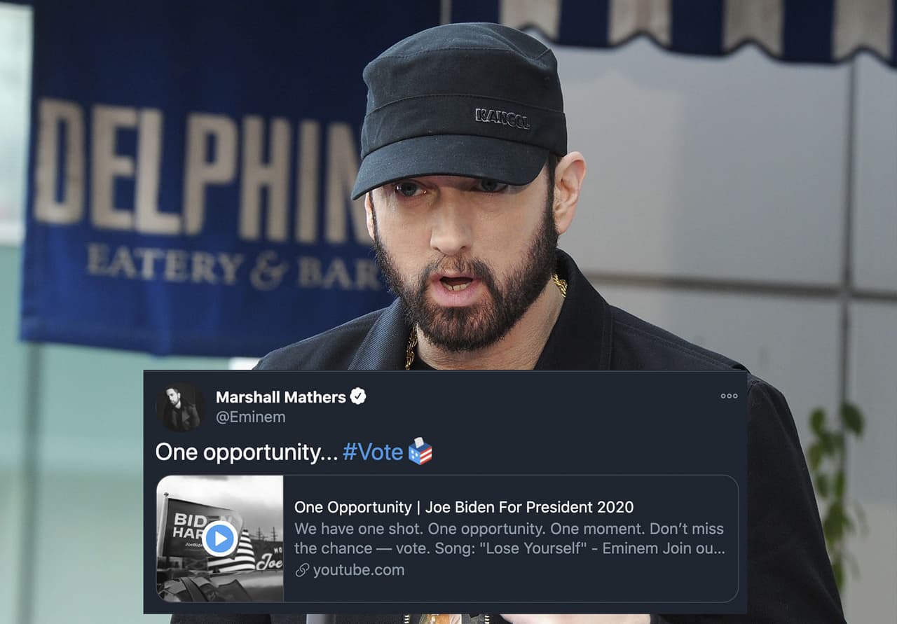 Eminem cedió los derechos de su canción "Lose Yourself" a la campaña de Biden para uno de los videos del candidato. El rapero nunca había prestado su música para un candidato, el gesto no quedó solo en eso, también compartió el video en sus redes sociales y escribió "una oportunidad", haciendo referencia a su canción y al momento que vive su país.
