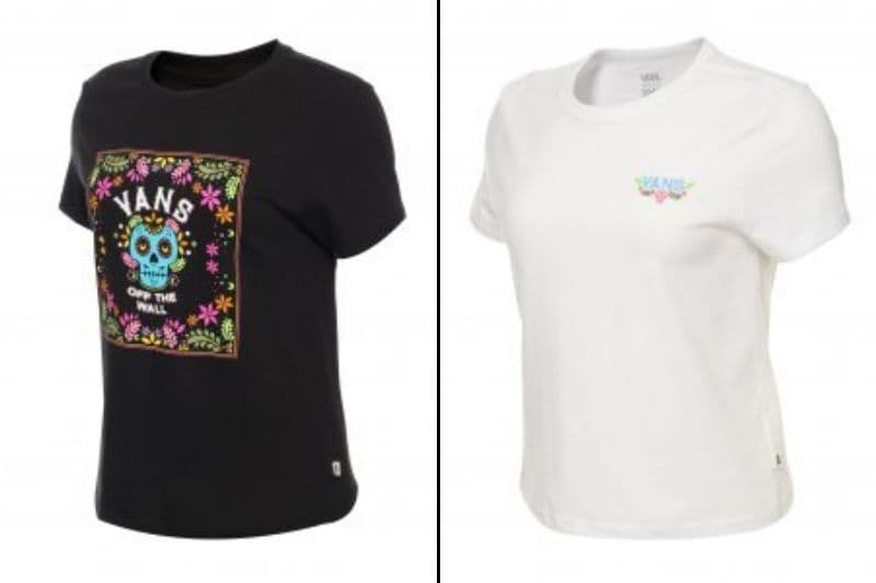 Vans también lanzó dos playeras para mujer del Día de Muertos, una negra y otra blanca. La negra tiene una catrina azul y esta rodeada de flores rosas y veredes; la balnca solo tiene en esos mismos tonos la palabra "Vans".