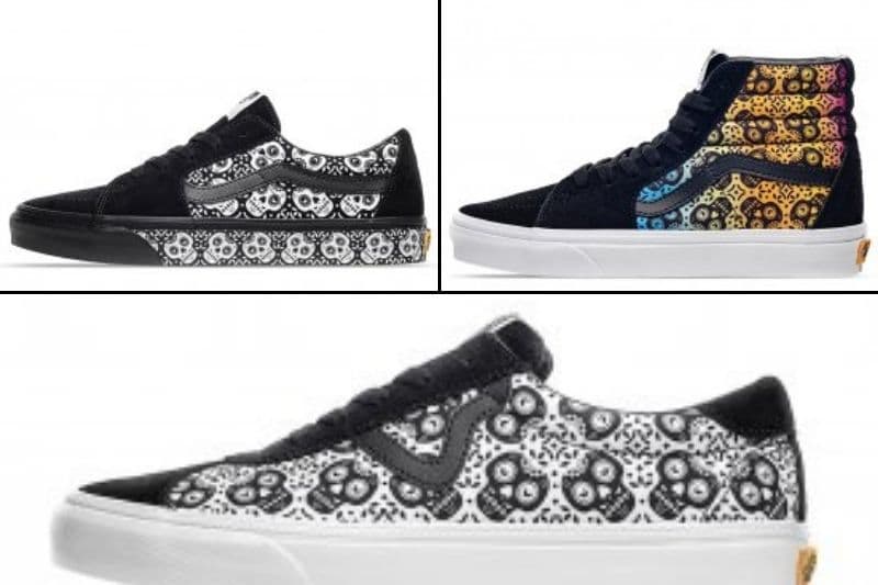 SK8-Low Día de los Muertos (izquierda); Vans SK8-Hi Día de los Muertos (derecha); Vans Sport Día de los Muertos (abajo). Vans lanzó tres modelos de tenis con print de calaveras, dos en blanco y negro, y otro en en tonos cálidos con azul,