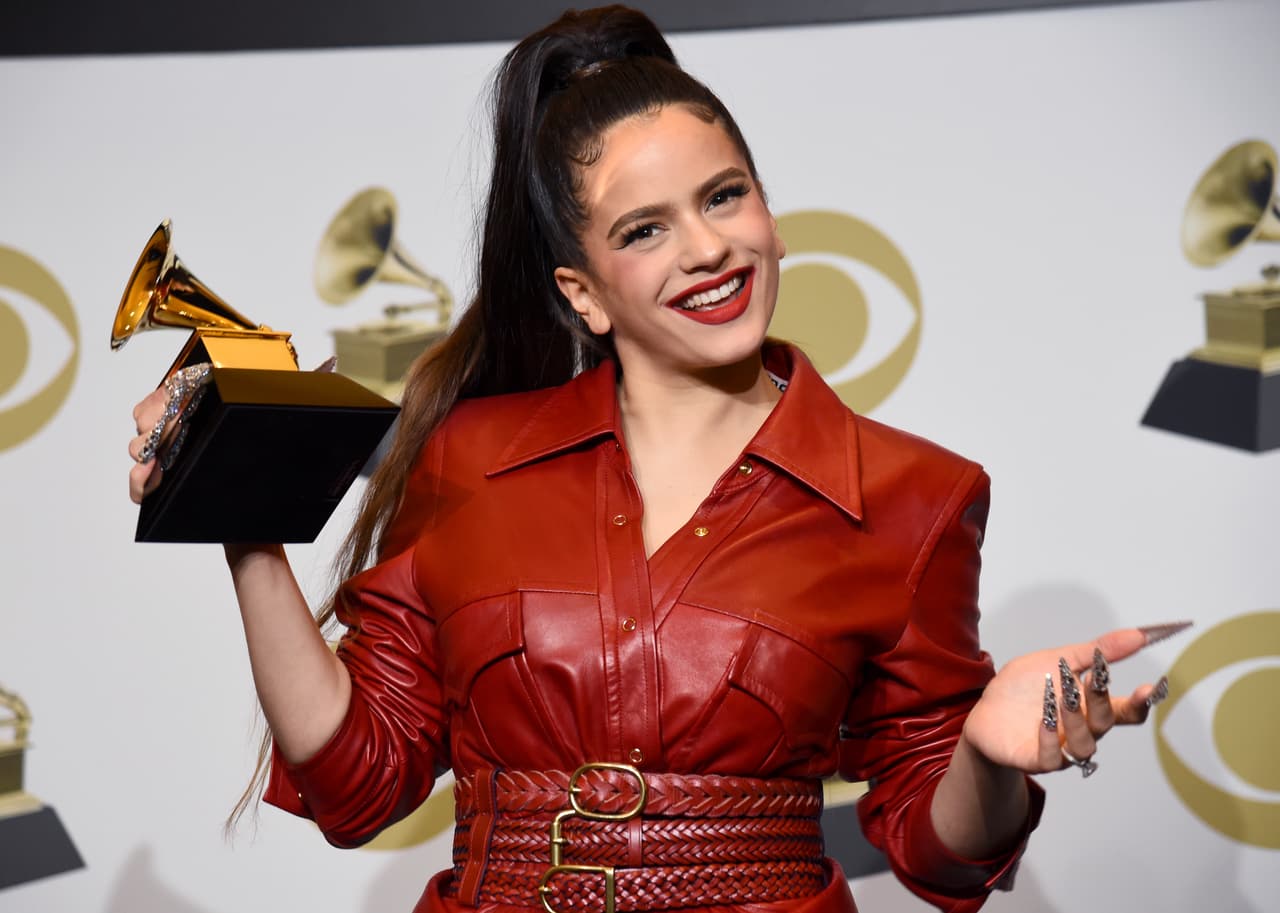 Rosalia poses in the press room with the award for best latin rock, urban and alternative album for "El Mal Querer" at the 62nd annual Grammy Awards at the Staples Center on Sunday, Jan. 26, 2020, in Los Angeles. (AP Photo/Chris Pizzello)