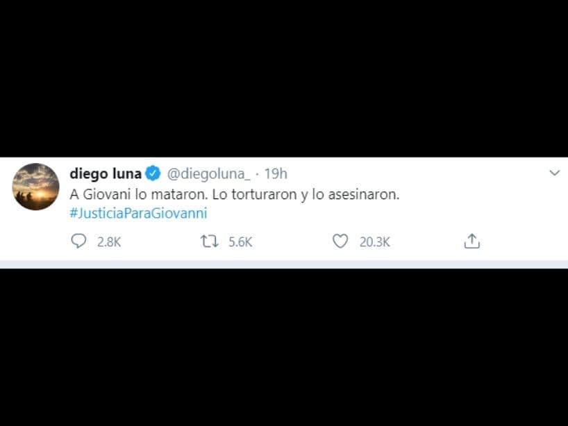 También Diego Luna difundió el caso: "A Giovanni lo mataron. Lo torturaron y lo asesinaron", escribió.