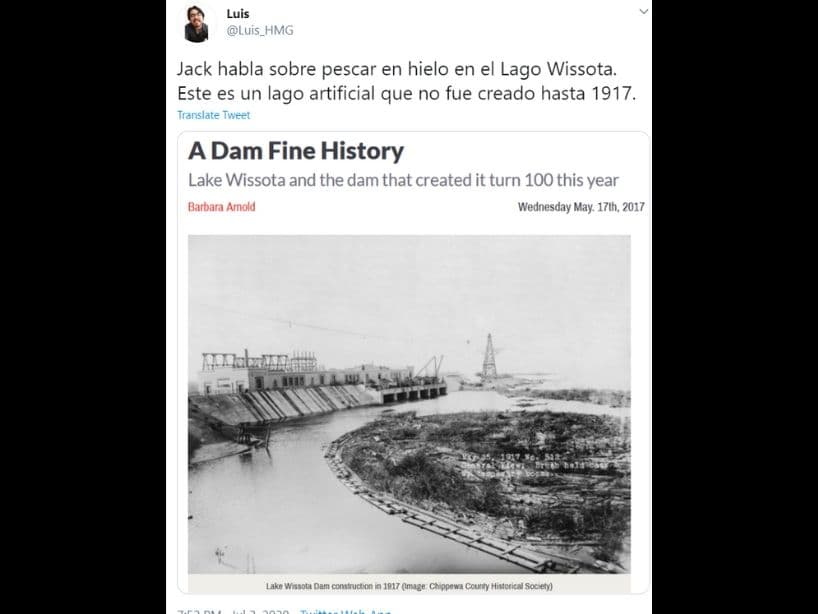 También, el protagonista habla de ir a hacer pesca en hielo en el Lago Wissota. Éste es artificial y fue creado en 1917, cinco años después del hundimiento del Titanic.