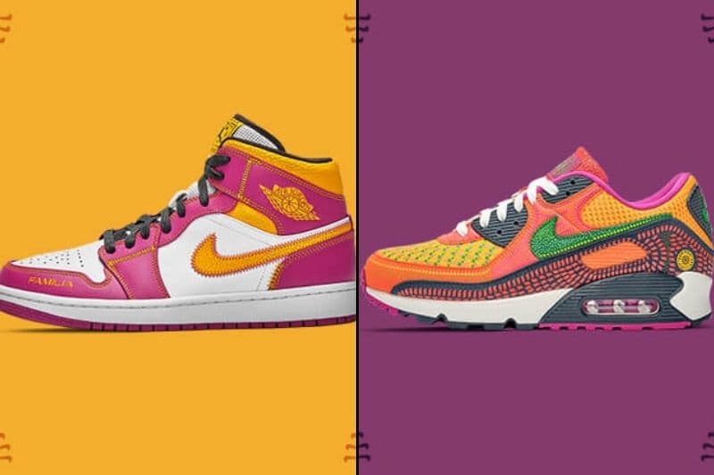 Tenis Air Jordan 1 Mid Familia (izquierda); Tenis Nike Air Max 90 (derecha)Nike lanzó una serie de tenis que están inspirados en la familia y los cuales recogen algunos colores del altar de muertos.