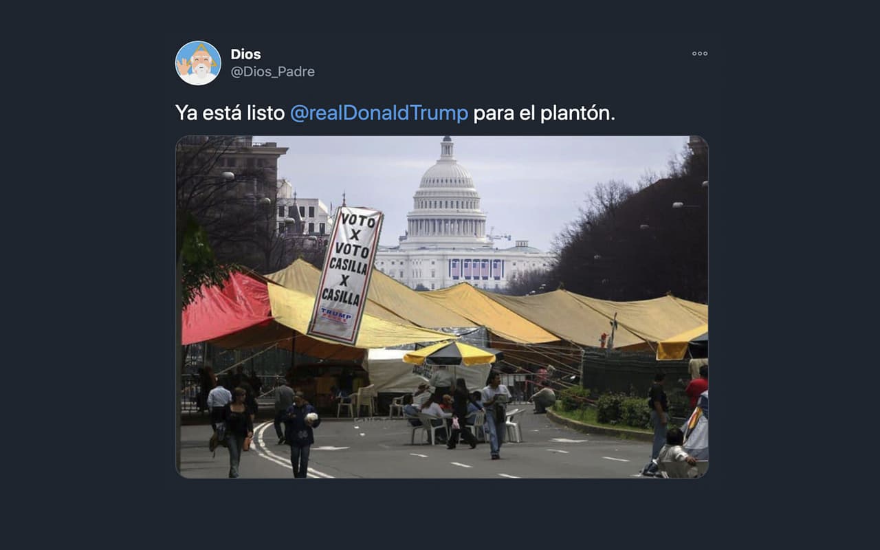 En México no tardaron en surgir los memes, en especial cuando Trump comenzó a sugerir que le estaban robando la elección. Muchos comenzaron a imaginarlo hacinado plantón en el equivalente de Paseo de la Reforma en Washington D.C.