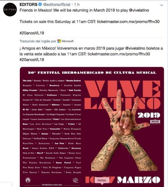 Editors subió un cartel del Vive Latino 2019 que bajó instantes después