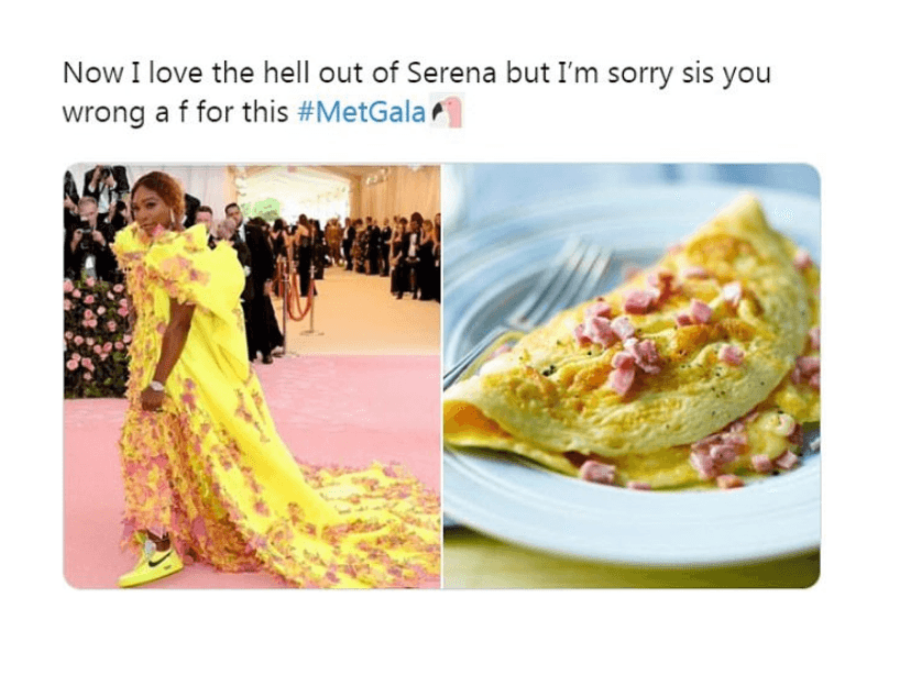 Serena Williams fue una de las hosts del MET Gala 2019. La jugadora de tenis profesional se puso zapatos Nike y un vestido que recordó a un omelette con jamón y queso.