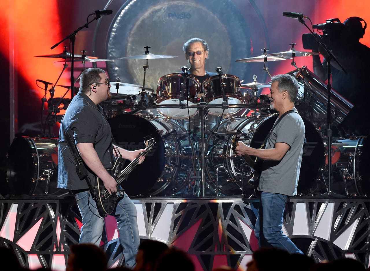 LAS VEGAS, NV - MAY 17: (L-R) Bassist Wolfgang Van Halen, drummer Alex Van Halen and guitarist Eddie Van Halen of Van Halen perform during the 2015 Billboard Music Awards at MGM Grand Garden Arena on May 17, 2015 in Las Vegas, Nevada. (Photo by Ethan Miller/Getty Images)