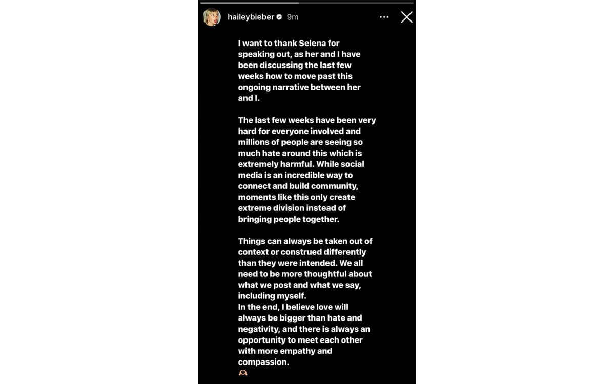 Hailey Bieber respondió al mensaje de Selena Gomez