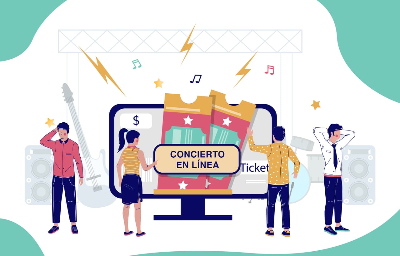 Concert tickets sold out concept vector flat illustration. Disappointed people standing in front of computer with sold out tickets for music event on screen.