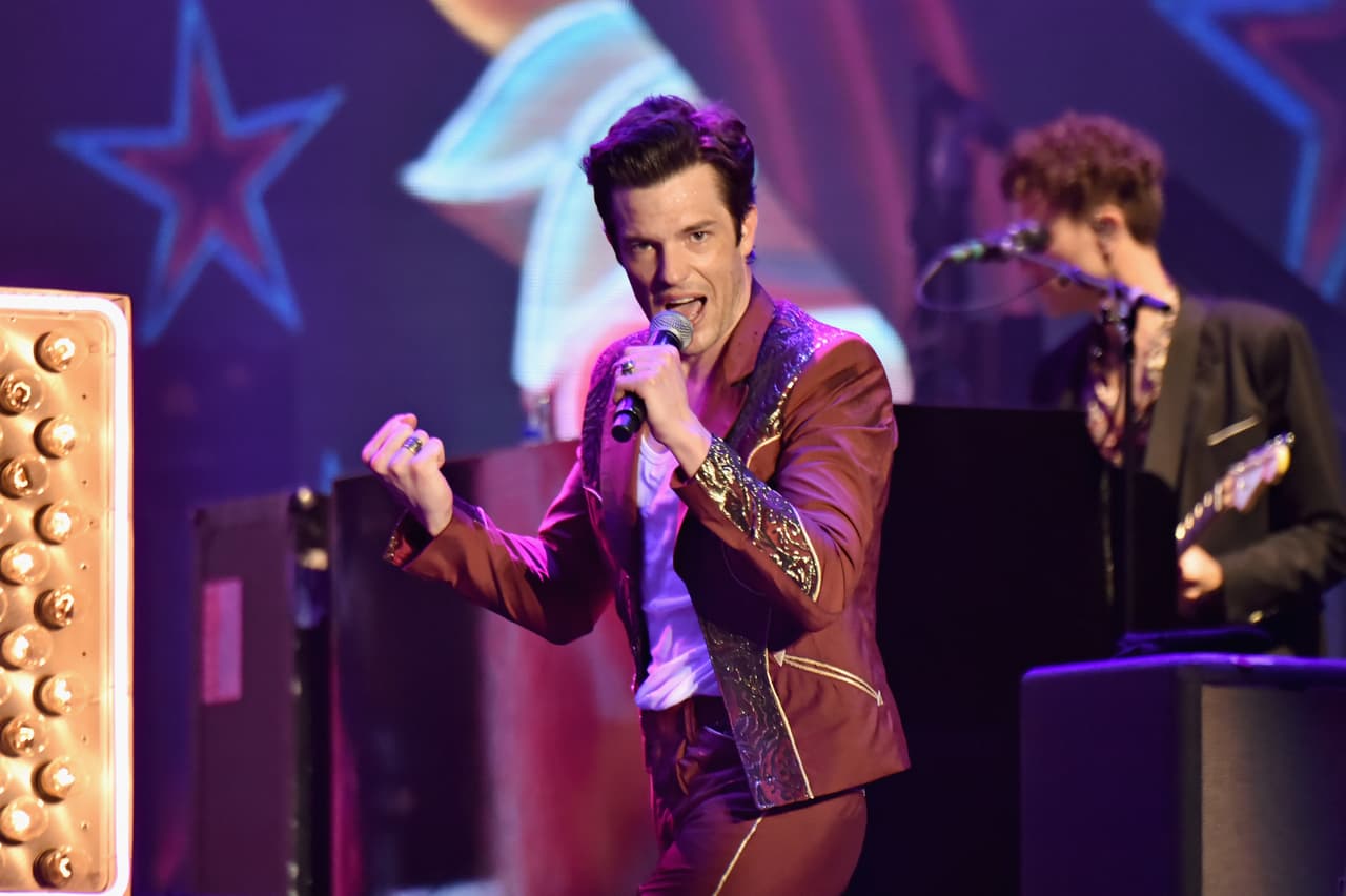 MANCHESTER, TN - JUNE 10: Brandon Flowers of The Killers performs on What Stage during day 4 of the 2018 Bonnaroo Arts And Music Festival on June 10, 2018 in Manchester, Tennessee. (Photo by Jeff Kravitz/FilmMagic for Bonnaroo Arts And Music Festival)
