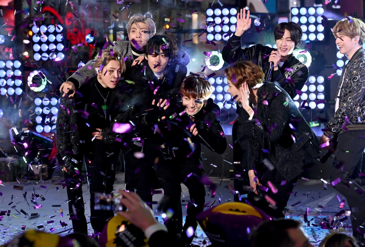 NEW YORK, NEW YORK - DECEMBER 31: BTS performs during the Times Square New Year's Eve 2020 Celebration on December 31, 2019 in New York City. (Photo by Noam Galai/Getty Images)