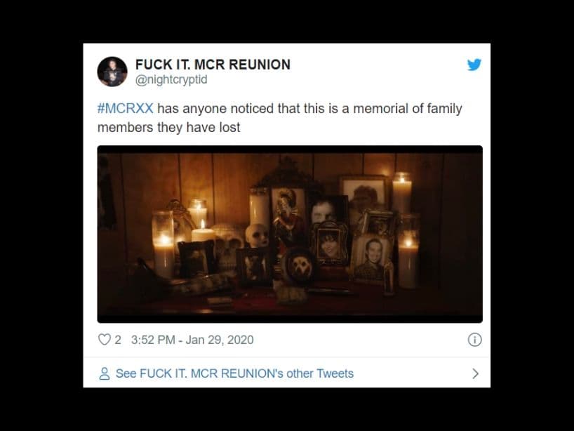 My Chemical Romance anunció su gira por los Estados Unidos a través de un video con referencias as a su trayectoria musical; los fans han visto cada segundo don detenimiento para encontrar cada una.En esta, el grupo da un homenaje a sus eres queridos que perdieron.