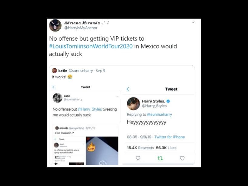 Incluso algunos fans usaron todas su mañas, para ver si recibían un boleto VIP de parte de Louis Tomlinson; a una fan le sirvió ganando una mención de Harry Styles.