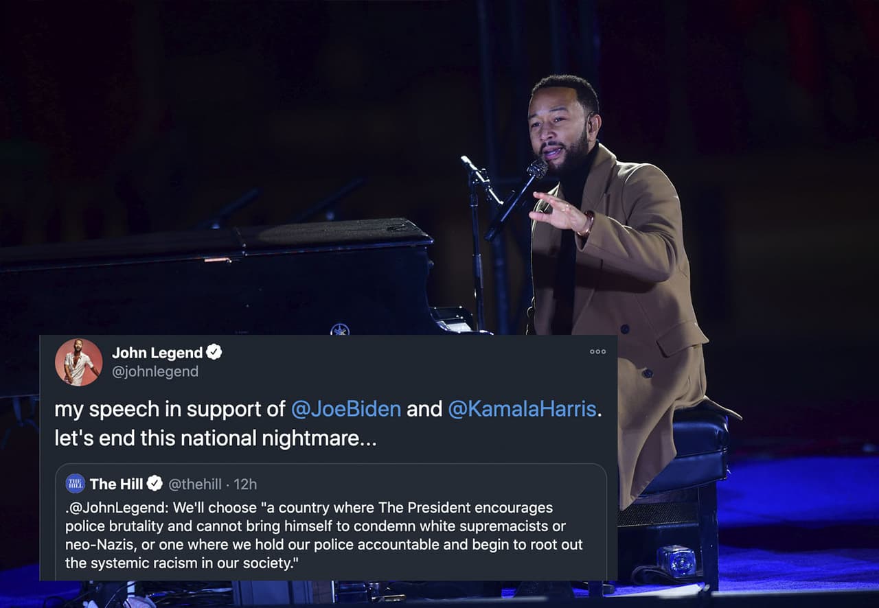 John Legend se presentó durante uno de los eventos de cierre de campaña de Biden, en Filadelfia. Además de cantar y aparecer en el escenario al lado de Chrissy Teigen, el artista dijo que era momento de decidir si querían seguir con "un país en el que el presidente promueva la brutalidad policíaca y no pueda condenar a los supremacistas blancos", haciendo referencia a las recientes acciones de Trump.