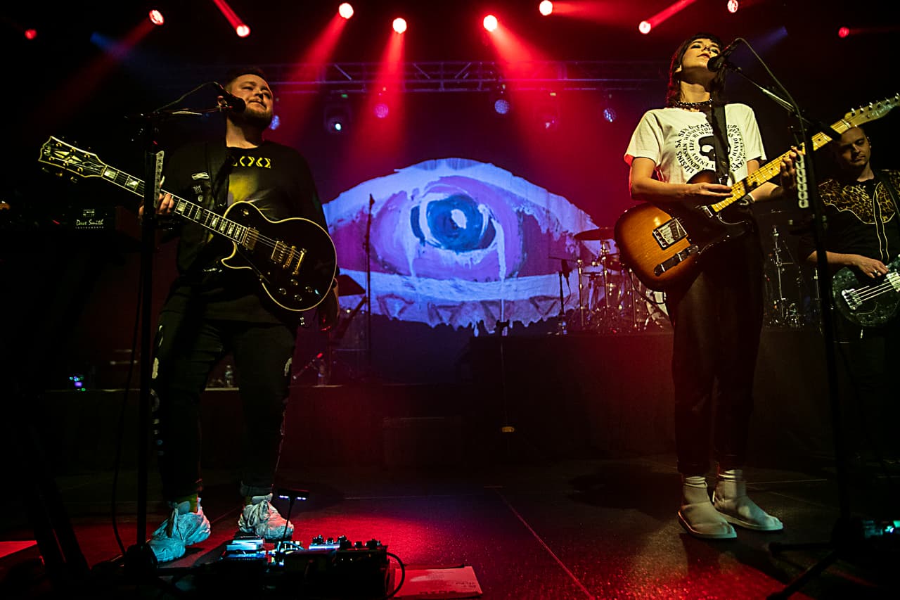 CHARLOTTE, NORTH CAROLINA - DECEMBER 03: Singer-guitarist Ragnar Porhallsson (L) and singer-guitarist Nanna Bryndis Hilmarsdottir of Of Monsters and Men perform at The Fillmore on December 03, 2019 in Charlotte, North Carolina. (Photo by Jeff Hahne/Getty Images)