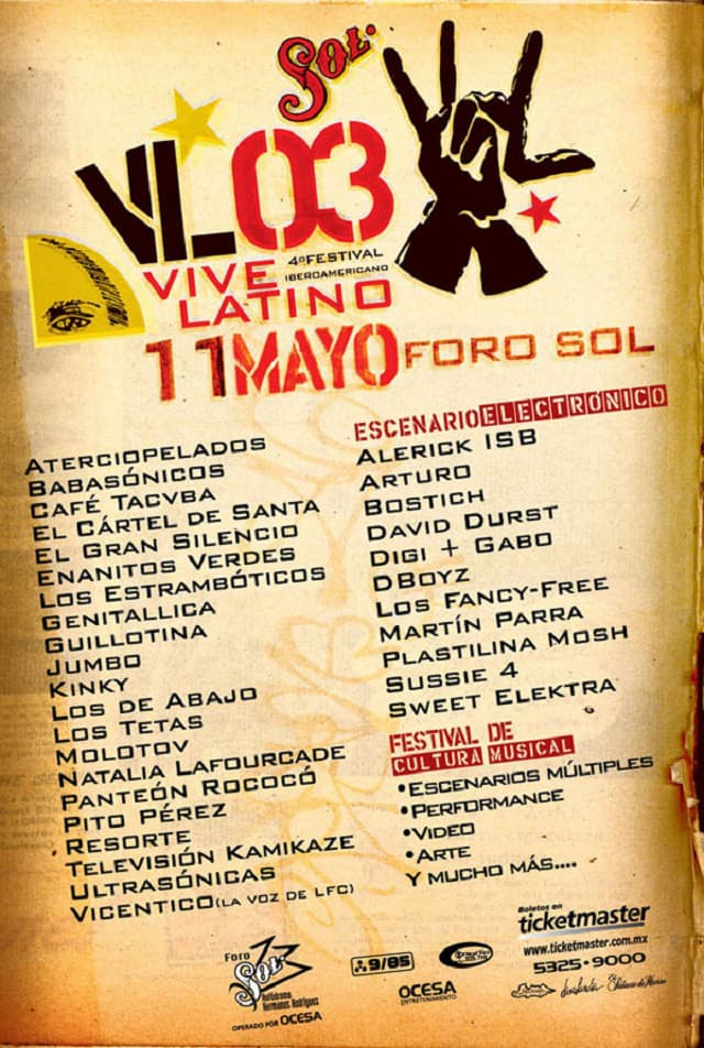 Tuvieron que pasar dos años, de nueva cuenta, para volver a tener en el Foro Sol el festival de música iberoamericana.Por motivos que aún se desconocen el Vive Latino no se realizó en el 2002, por lo que en el 2003 fue el gran regreso del festival más llamativo de la época.