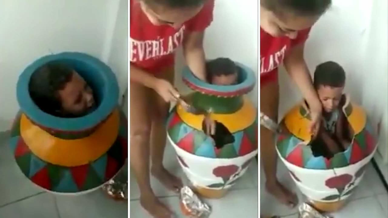 Este niño se llevó tremendo susto al quedarse atorado en un jarrón