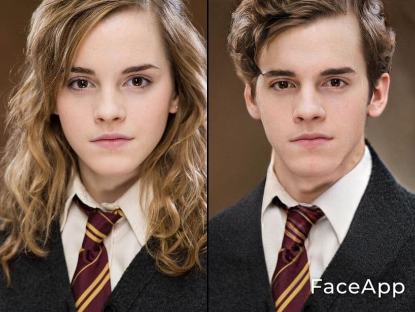 Hermione Granger / Germán Granger
<br>Los fans de la saga creada por J.K. Rowling se dedicaron a poner una fotografía de los protagonistas en FaceApp, la aplicación que cambia de sexo las imágenes, para ver como lucirían sus personajes favoritos.