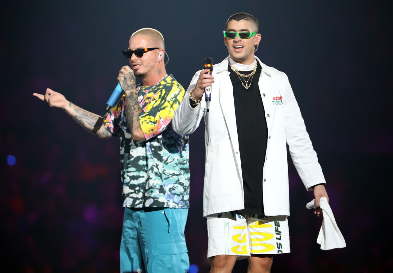 MIAMI, FL - MARCH 14: J Balvin and Bad Bunny perform on stage during the Bad Bunny concert at the American Airlines Arena on March 14, 2019 in Miami, Florida. (Photo by Alexander Tamargo/Getty Images)