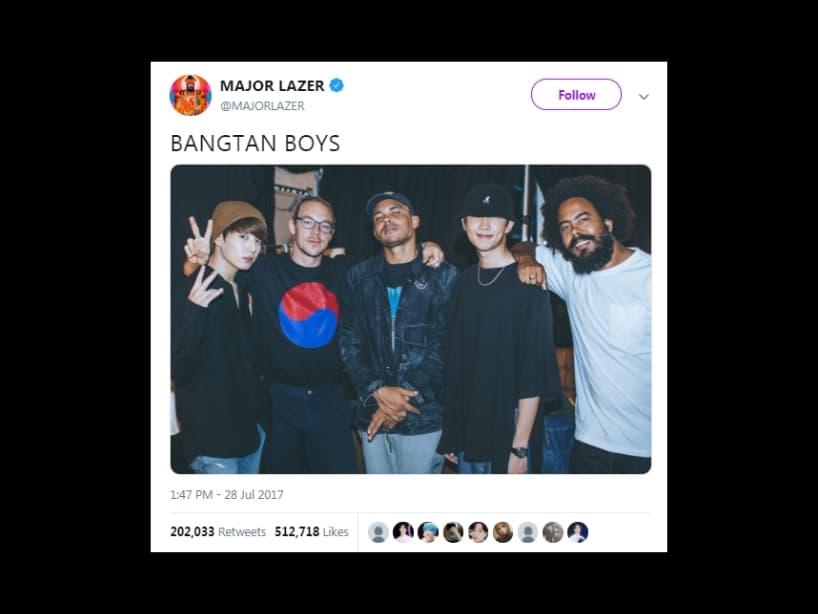 Diplo, Jillionaire y Walshy Fire se tomaron una foto con RM y Jungkook de BTS. Esto sucedió en julio del 2017 y fue publicado en la cuenta de MAJOR LAZER.