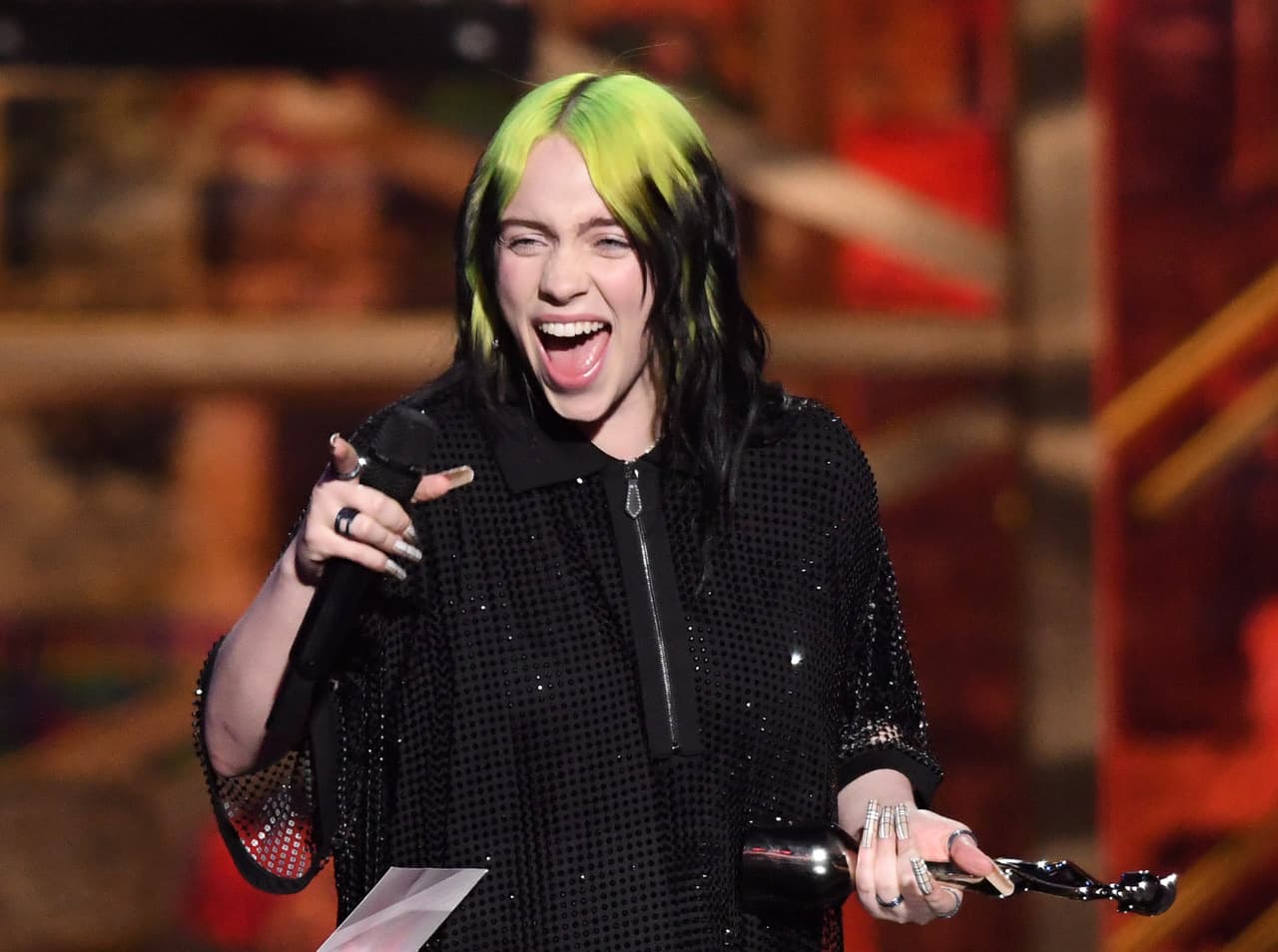 LONDON, ENGLAND - FEBRUARY 18: (EDITORIAL USE ONLY) Billie Eilish wins the International Female Solo Artist award during The BRIT Awards 2020 at The O2 Arena on February 18, 2020 in London, England. (Photo by Karwai Tang/WireImage)
