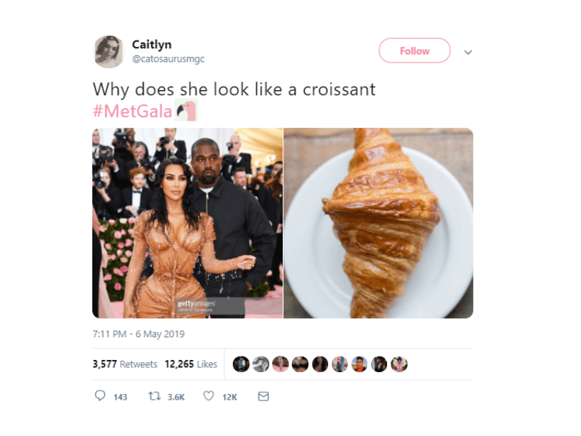 Kim Kardashian usó texturas y color café en su paso por el MET Gala 2019...Algunos hambrientos pensaron que era un croissant.