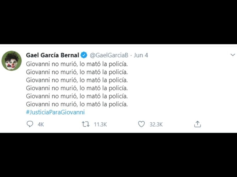 Gael García publicó un mensaje cortó con el hashtag:"#JustucauParaGiovanni".
<br>
<br>"Giovanni no murió, lo mató la policía", escribió repetidamente el actor.