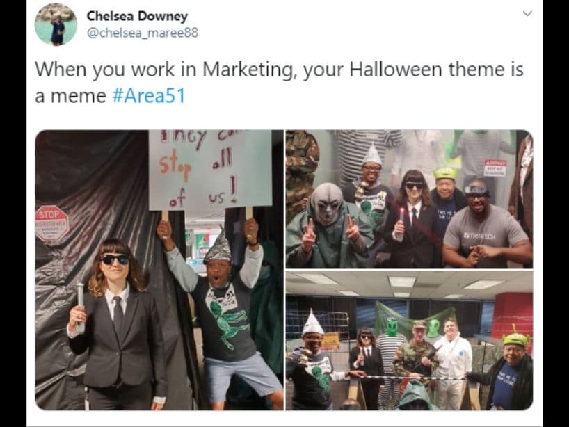 La invasión al Área 51 fue tomada por un equipo de trabajo involucrado en tendencias y marketing para atuendo de oficina.