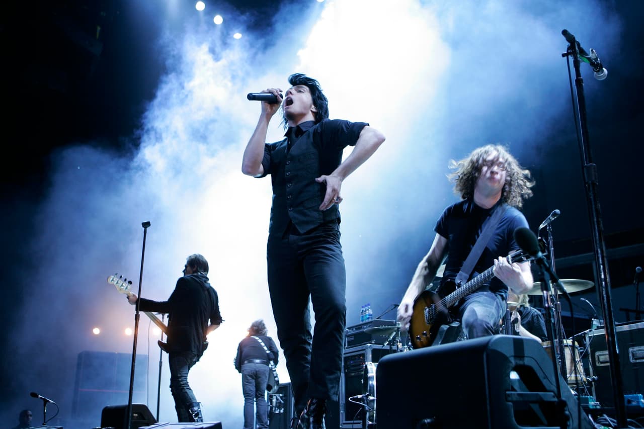 My Chemical Romance performs with lead singer Gerard Way, center, on opening night at the Prudential Center in Newark, N.J., Thursday, Oct. 25, 2007. (AP Photo/Mike Derer)