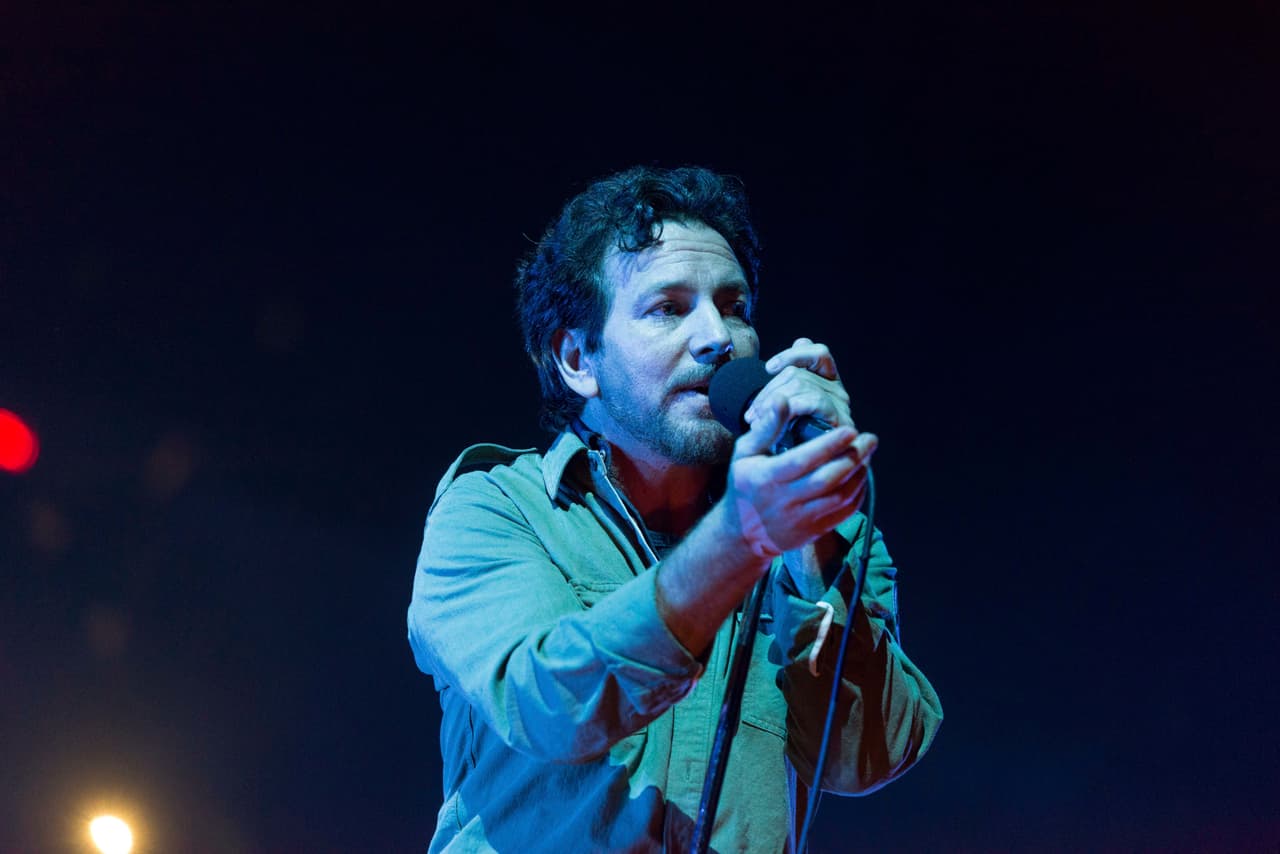 Eddie Vedder of Pearl Jam performs at the L.A. Sports Arena on Nov. 11, 2013 in Los Angeles. (Photo by Paul R. Giunta/Invision/AP)