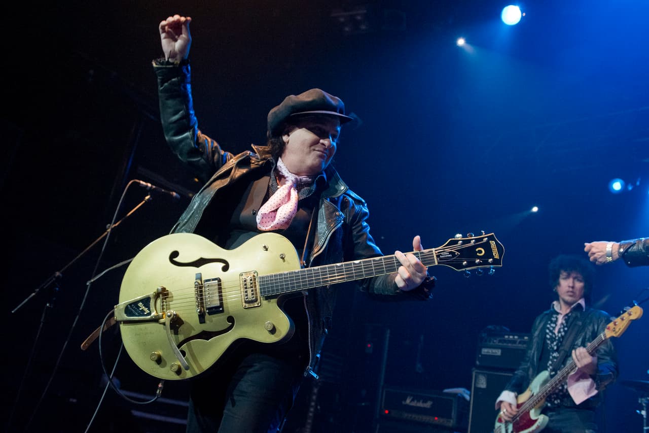 LONDON, UNITED KINGDOM - APRIL 19: Sylvain Sylvain of New York Dolls performs on stage at KOKO on April 19, 2010 in London, England. (Photo by Barney Britton/Redferns)