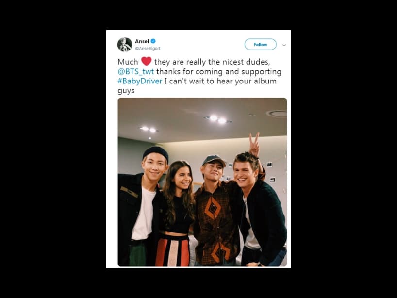 &quot;Muchísimo amor, son realmente los mejores, BTS gracias por venir y apoyar a #BabyDriver. No puedo esperar para escuchar su álbum chicos&quot;, publicó Ansel, intérprete de &quot;Thief&quot;, en su cuenta de Twitter.