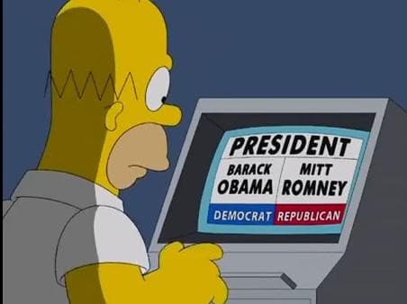 En el 2008 en un episodio 
<i>Homero</i> intentó votar por Barack Obama pero la máquina cambió la votación y marcó a Mitt Romney. En el 2012 hubo quejas porque las máquinas marcaban votos equivocados.