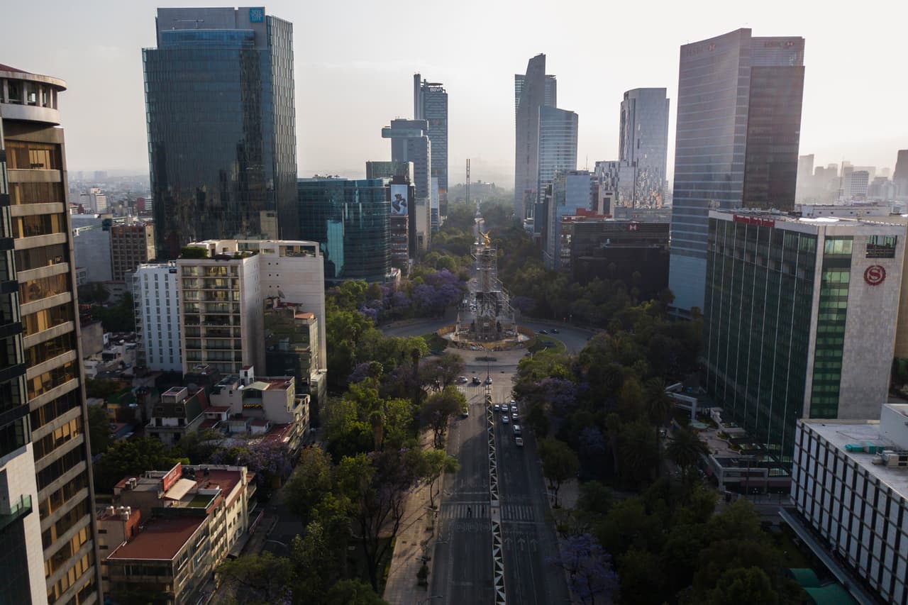 MEXICO CITY, MEXICO - MARCH 31: Aerial drone view of Reforma street on March 31, 2020 in Mexico City, Mexico. After being criticized for its slow response to the virus, Mexican Government announced the health emergency nationwide and suspended all non-essential jobs until April 30. Mexico has reported 28 deaths and 1,000 positive cases. (Photo by Hector Vivas/Getty Images)