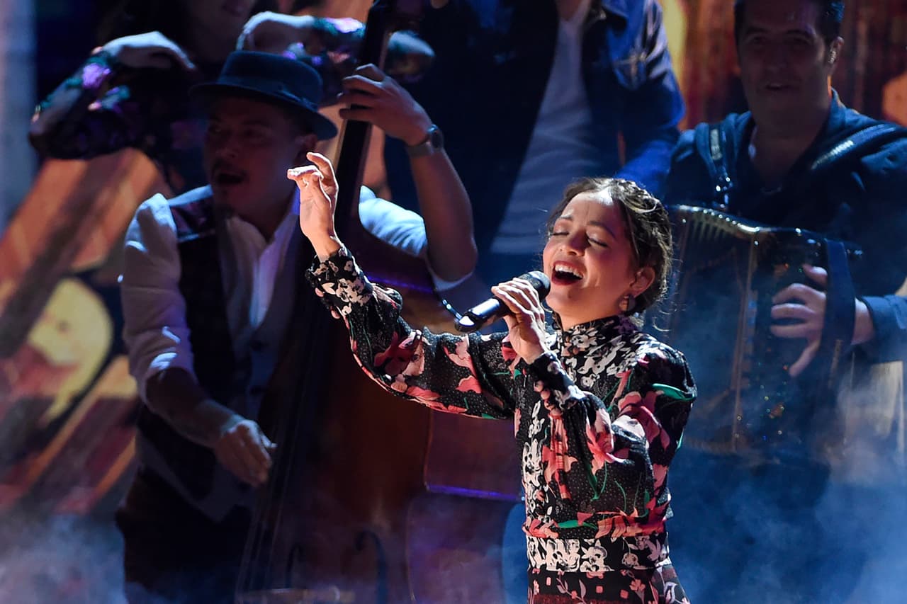 FILE - In this Nov. 16, 2017 file photo, Natalia Lafourcade performs at the 18th annual Latin Grammy Awards at the MGM Grand Garden Arena, in Las Vegas. Lafourcade is nominated for a Grammy Award in the best latin pop album for, “Musas (Un Homenaje Al Folclore Latinoamericano En Manos De Los Macorinos, Vol. 1)”. The 60th Annual Grammy Awards ceremony will be held Sunday, Jan. 28, 2018. (Photo by Chris Pizzello/Invision/AP File)