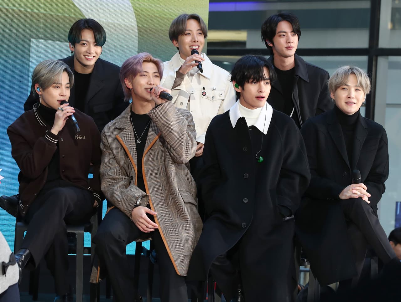 NEW YORK, NEW YORK - FEBRUARY 21: (L-R) Jimin, Jungkook, RM, J-Hope, V, Jin, and SUGA of the K-pop boy band BTS visit the "Today" Show at Rockefeller Plaza on February 21, 2020 in New York City. (Photo by Cindy Ord/WireImage)