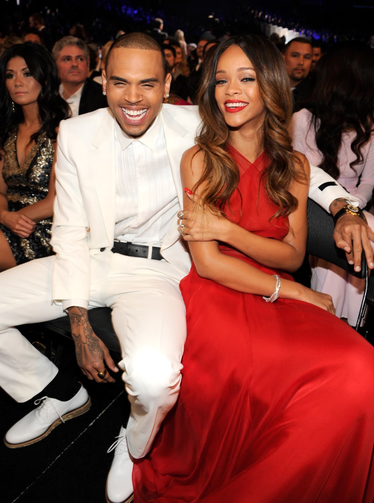 LOS ANGELES, CA - FEBRUARY 10: Chris Brown and Rihanna attend the 55th Annual GRAMMY Awards at STAPLES Center on February 10, 2013 in Los Angeles, California. (Photo by Kevin Mazur/WireImage)