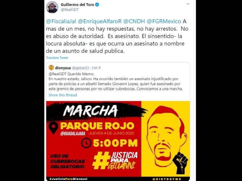 El director de cine y ganador de un Premio Óscar, Guillermo del Toro, se expresó al respecto y difundió la marcha de protestas para exigir justicia.