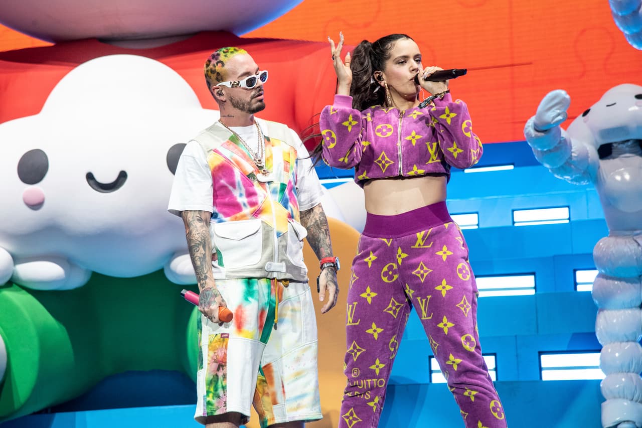 J Balvin, left, and Rosalia perform at the Coachella Music & Arts Festival at the Empire Polo Club on Saturday, April 13, 2019, in Indio, Calif. (Photo by Amy Harris/Invision/AP)