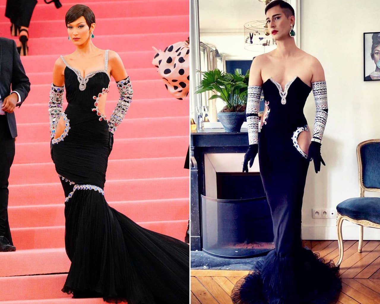 Una recreación de la hermana de Gigi, Bella Hadid, tampoco podía faltar, y este chico igualó a la perfección el revelador vestido de la modelo en la edición del 2019.