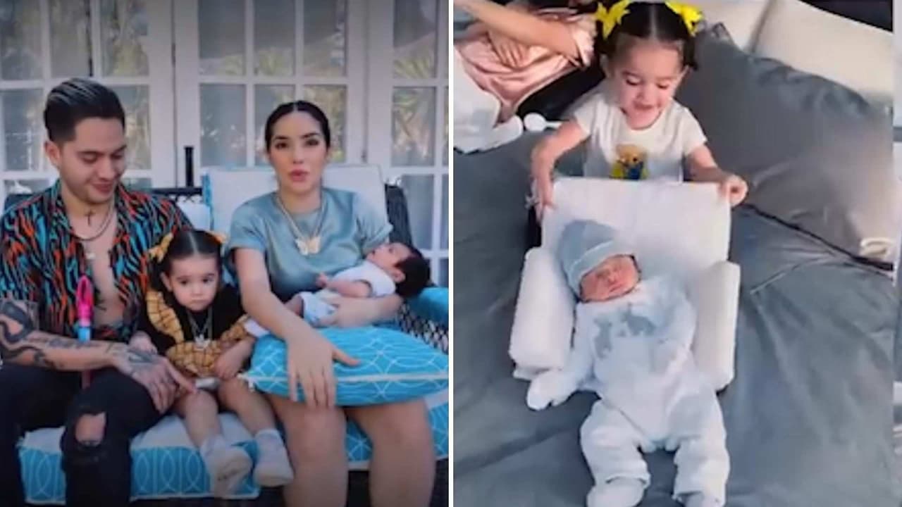 Kima, hija de Kim Loaiza, ‘arrulla’ por primera vez a su hermanito y termina dándole una zangoloteada