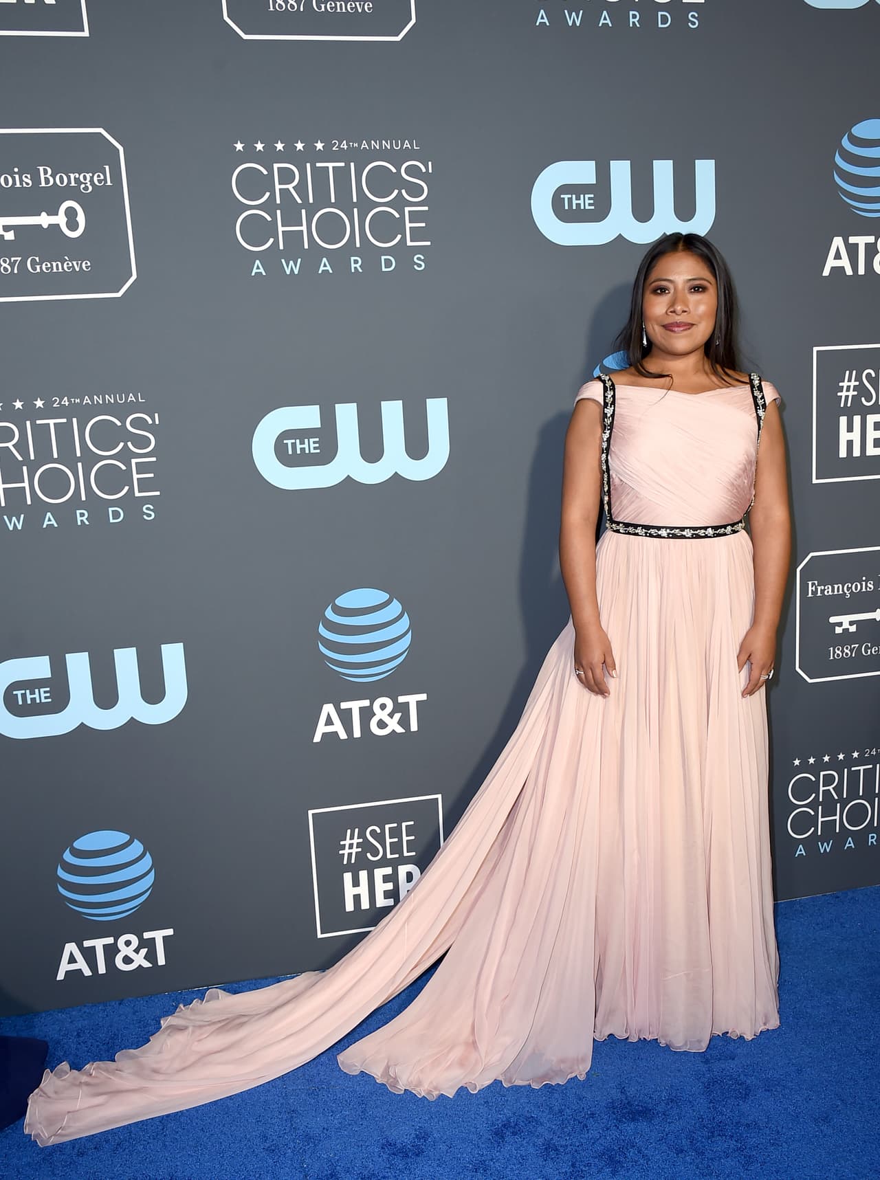 Yalitza Aparicio arrives at the 24th annual Critics' Choice Awards on Sunday, Jan. 13, 2019, at the Barker Hangar in Santa Monica, Calif. (Photo by Jordan Strauss/Invision/AP)