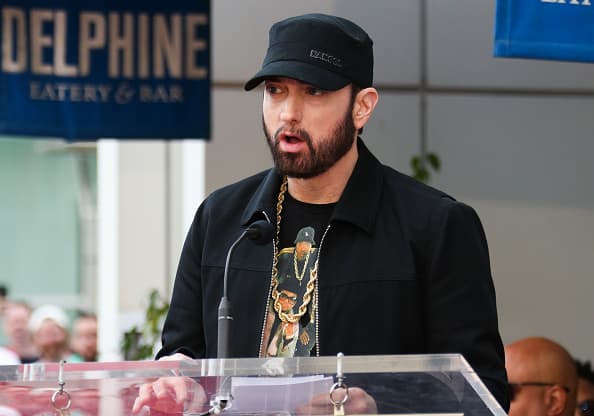 HOLLYWOOD, CALIFORNIA - JANUARY 30: Eminem attends a ceremony honoring Curtis "50 Cent" Jackson with a star on the Hollywood Walk of Fame on January 30, 2020 in Hollywood, California. (Photo by Paul Archuleta/FilmMagic)