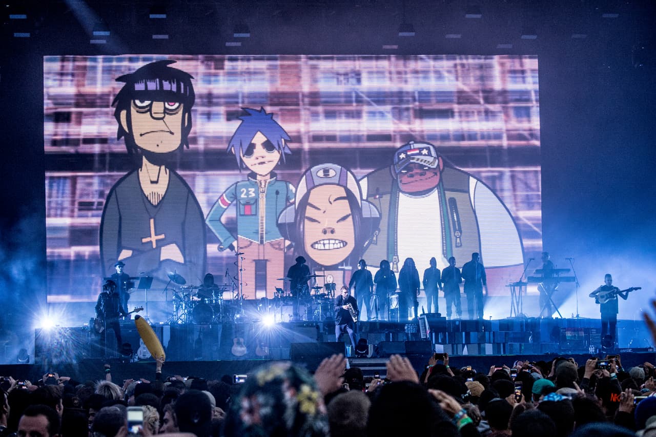 Damon Albarn, center, of Gorillaz performs at the 2017 Outside Lands Music Festival at Golden Gate Park on Friday, Aug. 11, 2017, in San Francisco, Calif.(Photo by Amy Harris/Invision/AP)