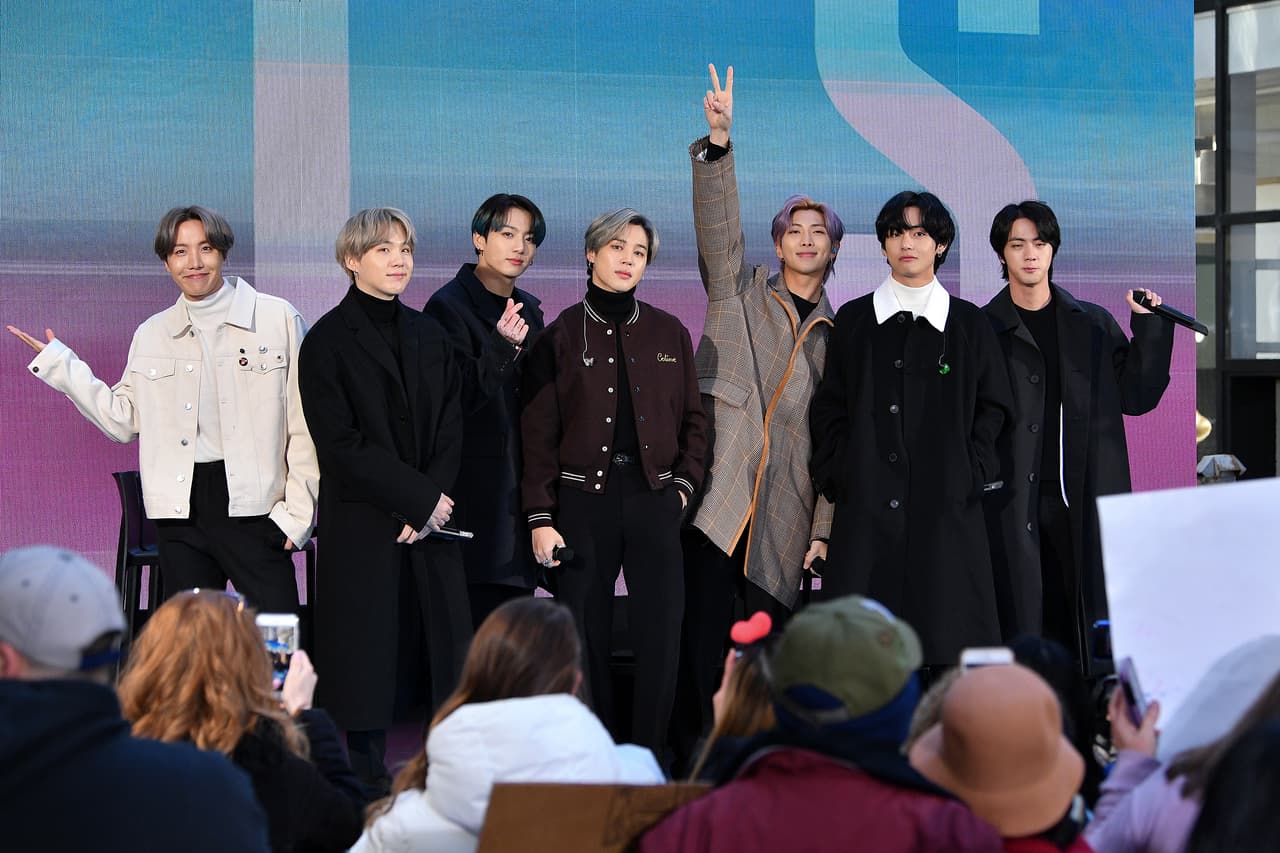 NEW YORK, NEW YORK - FEBRUARY 21: (L-R) J-Hope, SUGA, Jungkook, Jimin, RM, V, and Jin of the K-pop boy band BTS visit the "Today" Show at Rockefeller Plaza on February 21, 2020 in New York City. (Photo by Dia Dipasupil/Getty Images)