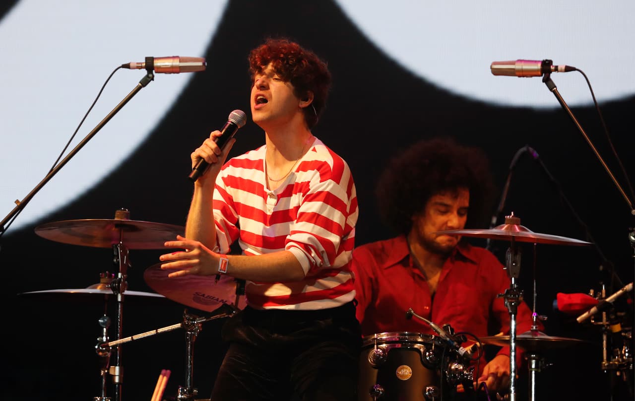 Luke Pritchard of The Kooks performs during the Corona Capital music festival in Mexico City, Saturday, Nov. 17, 2018. (AP Photo/Eduardo Verdugo)