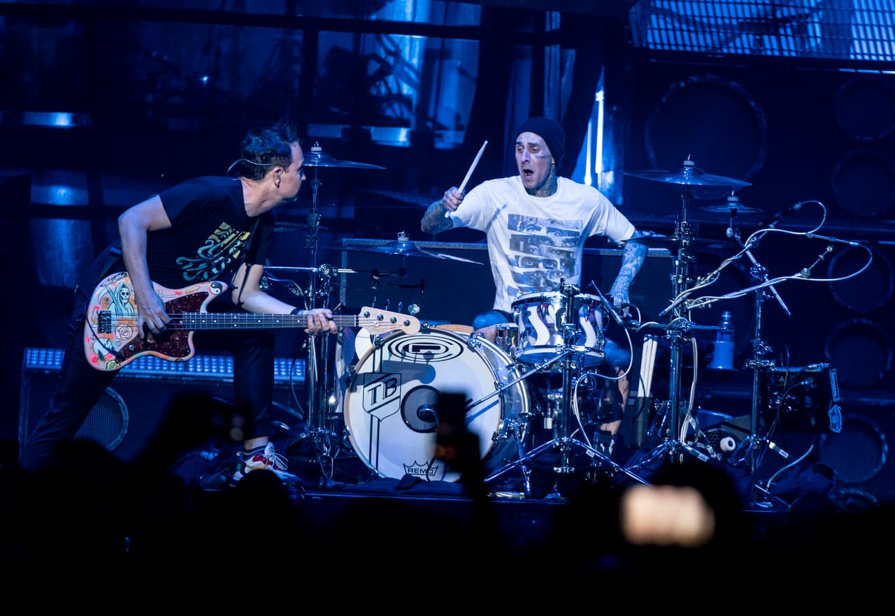 St. Paul, MN-September 12: Blink 182 bass player Mark Hoppus and drummer Travis Barker performed with the band at the Xcel Energy Center. (Photo by Renee Jones Schneider/Star Tribune via Getty Images)