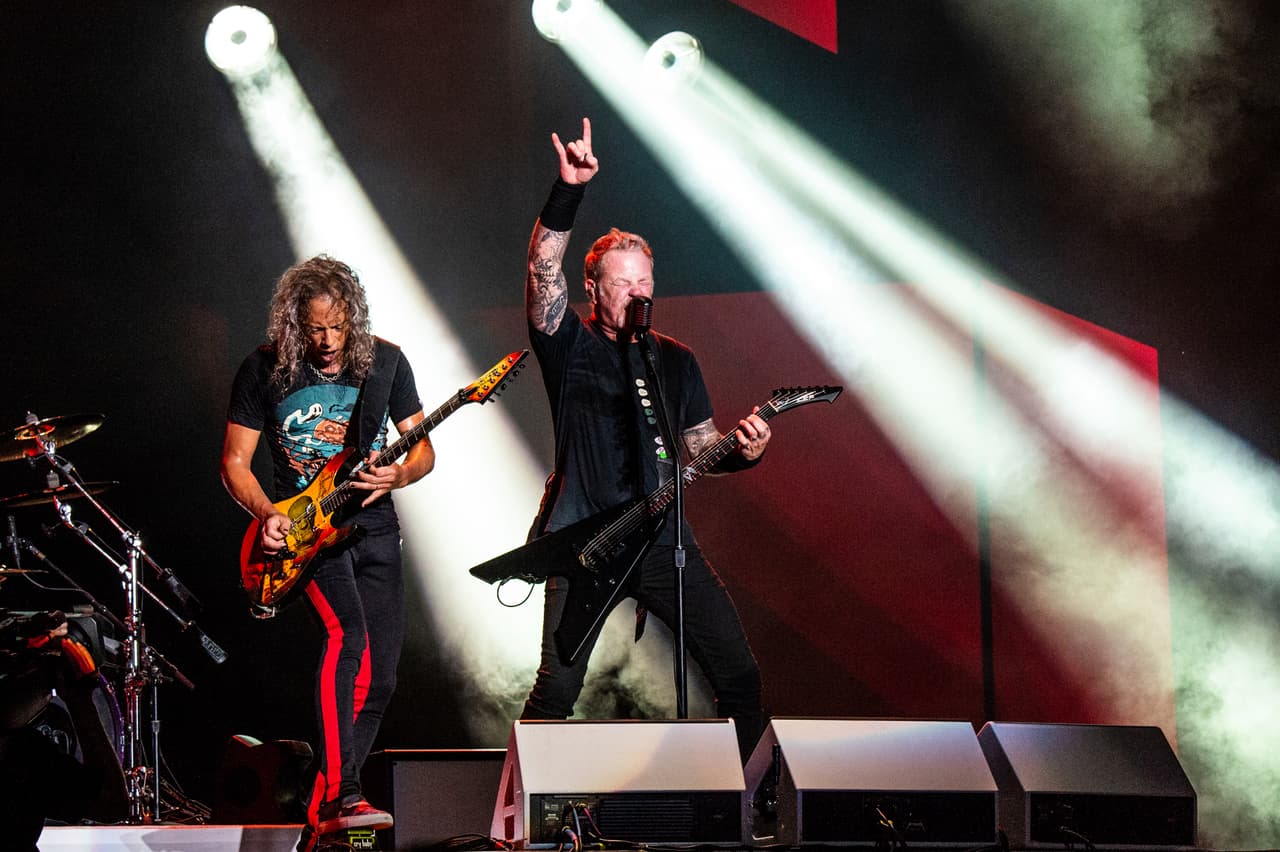 James Hetfield, left, and Kirk Hammett of Metallica perform on day two of the Austin City Limits Music Festival's second weekend on Saturday, Oct. 13, 2018, in Austin, Texas. (Photo by Amy Harris/Invision/AP)